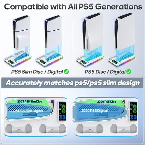 PS5 Slim / PS5 Cooling Station with 3-Level Cooling Fan, PS5 /PS5 Slim Stand with Controller Charger for All Playstation 5 Console, PS5/ PS5 Slim Accessories, PS5 Cooler with RGB Charging Station in Saudi Arabia