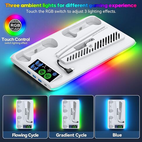 PS5 Slim / PS5 Cooling Station with 3-Level Cooling Fan, PS5 /PS5 Slim Stand with Controller Charger for All Playstation 5 Console, PS5/ PS5 Slim Accessories, PS5 Cooler with RGB Charging Station in Saudi Arabia
