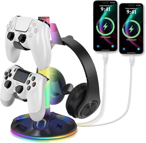 حامل سماعة الرأس لوحدة التحكم RGB مع 10 أوضاع 240 درجة حامل سماعة الرأس مع حامل وحدة تحكم الألعاب لشحن USB لتخزين ملحقات الكمبيوتر (USB+Type-C+3.5 مم، أسود) in Kuwait