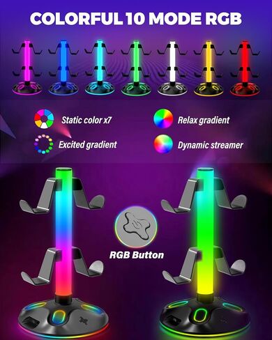 حامل سماعة الرأس لوحدة التحكم RGB مع 10 أوضاع 240 درجة حامل سماعة الرأس مع حامل وحدة تحكم الألعاب لشحن USB لتخزين ملحقات الكمبيوتر (USB+Type-C+3.5 مم، أسود) in Kuwait