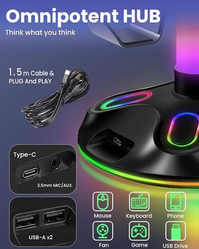 حامل سماعة الرأس لوحدة التحكم RGB مع 10 أوضاع 240 درجة حامل سماعة الرأس مع حامل وحدة تحكم الألعاب لشحن USB لتخزين ملحقات الكمبيوتر (USB+Type-C+3.5 مم، أسود) in Kuwait