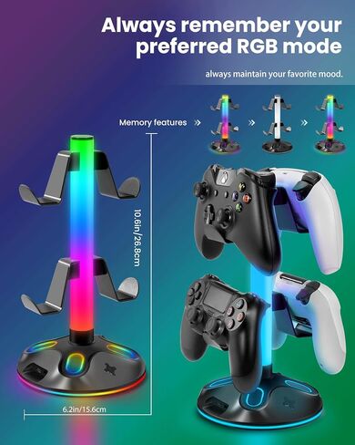 حامل سماعة الرأس لوحدة التحكم RGB مع 10 أوضاع 240 درجة حامل سماعة الرأس مع حامل وحدة تحكم الألعاب لشحن USB لتخزين ملحقات الكمبيوتر (USB+Type-C+3.5 مم، أسود) in Kuwait