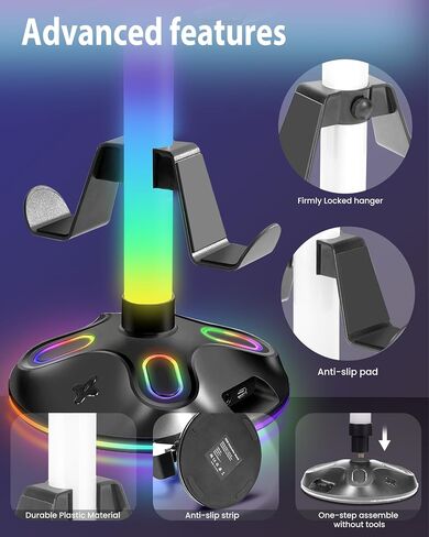 حامل سماعة الرأس لوحدة التحكم RGB مع 10 أوضاع 240 درجة حامل سماعة الرأس مع حامل وحدة تحكم الألعاب لشحن USB لتخزين ملحقات الكمبيوتر (USB+Type-C+3.5 مم، أسود) in Kuwait