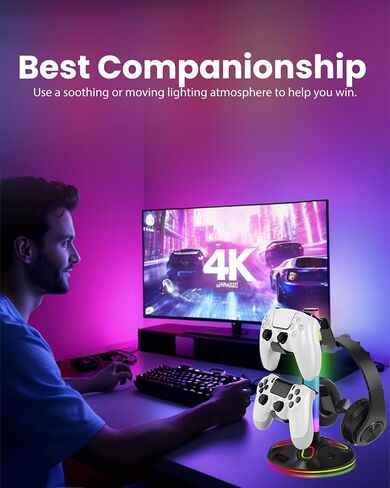 حامل سماعة الرأس لوحدة التحكم RGB مع 10 أوضاع 240 درجة حامل سماعة الرأس مع حامل وحدة تحكم الألعاب لشحن USB لتخزين ملحقات الكمبيوتر (USB+Type-C+3.5 مم، أسود) in Kuwait