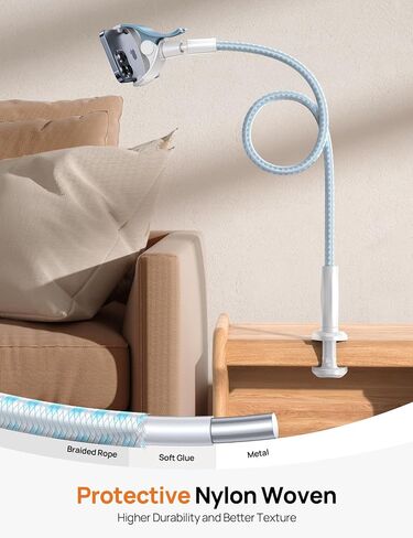 Gooseneck Phone Holder for Bed - [2023 Upgrade Nylon Braid] 38" Flexible Lazy Arm Clip, 360 Adjustable Overhead Phone Mount for iPhone 14 13 12 11 Pro Max Mini Plus, all 4-7" Cellphone - White in Saudi Arabia