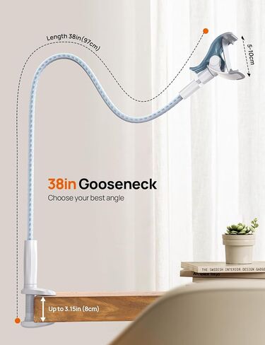 Gooseneck Phone Holder for Bed - [2023 Upgrade Nylon Braid] 38" Flexible Lazy Arm Clip, 360 Adjustable Overhead Phone Mount for iPhone 14 13 12 11 Pro Max Mini Plus, all 4-7" Cellphone - White in Saudi Arabia