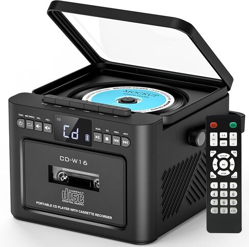 مشغل أقراص مضغوطة Boombox محمول مع مشغل كاسيت، راديو محمول مع بلوتوث، صندوق Boom مع صوت ستيريو، مدعوم ببطارية قابلة للشحن 5000 مللي أمبير (أسود) in Saudi Arabia
