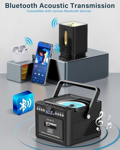 مشغل أقراص مضغوطة Boombox محمول مع مشغل كاسيت، راديو محمول مع بلوتوث، صندوق Boom مع صوت ستيريو، مدعوم ببطارية قابلة للشحن 5000 مللي أمبير (أسود) in Saudi Arabia