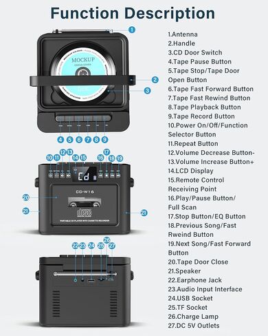 مشغل أقراص مضغوطة Boombox محمول مع مشغل كاسيت، راديو محمول مع بلوتوث، صندوق Boom مع صوت ستيريو، مدعوم ببطارية قابلة للشحن 5000 مللي أمبير (أسود) in Saudi Arabia