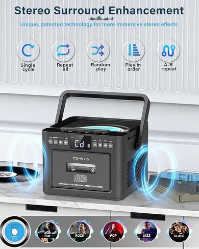 مشغل أقراص مضغوطة Boombox محمول مع مشغل كاسيت، راديو محمول مع بلوتوث، صندوق Boom مع صوت ستيريو، مدعوم ببطارية قابلة للشحن 5000 مللي أمبير (أسود) in Saudi Arabia