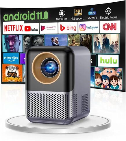 جهاز عرض فيديو يدعم 1080 بكسل [تركيز كهربائي] جهاز عرض تلفزيون ذكي صغير محمول واي فاي بلوتوث مدمج في Netflix، جهاز عرض المسرح المنزلي 350 ANSI يدعم 4K، 4D 4P Keystone، 50% تقريب رقمي، يوتيوب in Kuwait