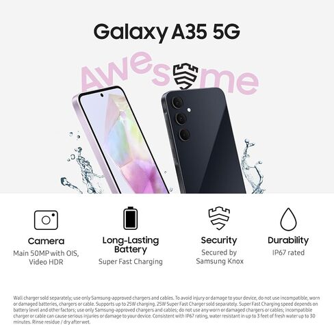 هاتف SAMSUNG Galaxy A35 5G A Series، هاتف ذكي يعمل بنظام Android بسعة 128 جيجابايت، شاشة AMOLED، نظام كاميرا ثلاثية متقدم، تخزين قابل للتوسيع، تصميم متين، إصدار الولايات المتحدة، 2024، بحري رائع in Saudi Arabia