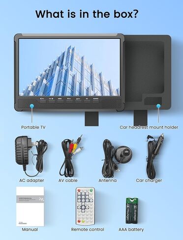 تلفزيون صغير ديسوبري 10.6 بوصة، تلفزيون محمول 1080 بكسل مع هوائي قابل للفصل، تلفزيون صغير مع شاشة IPS، تلفزيون يعمل ببطارية قابلة لإعادة الشحن يدعم HDMI، USB، AV، موالف رقمي مدمج، حامل تلفزيون، مكبرات صوت مزدوجة in Kuwait