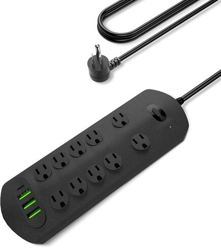 شريط طاقة واقي من زيادة التيار، 2700 جول، مع 10 منافذ تيار متردد و3 منافذ USB-A ومنفذ USB-C، وسلك تمديد بطول 6 أقدام، قابس مسطح، 2500 وات/20 أمبير، شحن سريع للسفر في المنزل والمكتب، أسود in Saudi Arabia