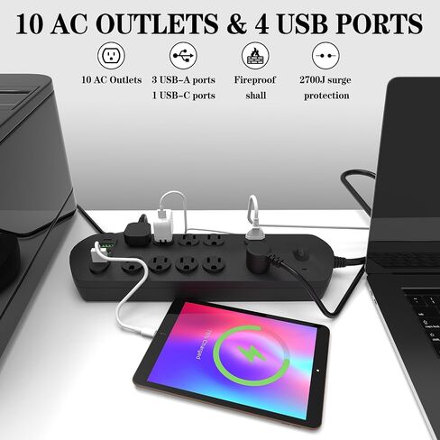 شريط طاقة واقي من زيادة التيار، 2700 جول، مع 10 منافذ تيار متردد و3 منافذ USB-A ومنفذ USB-C، وسلك تمديد بطول 6 أقدام، قابس مسطح، 2500 وات/20 أمبير، شحن سريع للسفر في المنزل والمكتب، أسود in Saudi Arabia