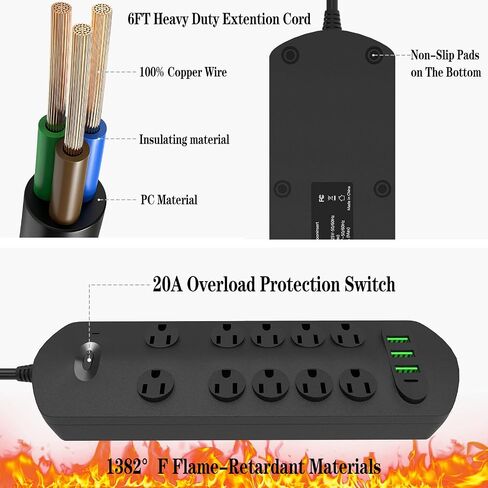 شريط طاقة واقي من زيادة التيار، 2700 جول، مع 10 منافذ تيار متردد و3 منافذ USB-A ومنفذ USB-C، وسلك تمديد بطول 6 أقدام، قابس مسطح، 2500 وات/20 أمبير، شحن سريع للسفر في المنزل والمكتب، أسود in Saudi Arabia