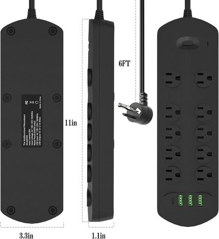 شريط طاقة واقي من زيادة التيار، 2700 جول، مع 10 منافذ تيار متردد و3 منافذ USB-A ومنفذ USB-C، وسلك تمديد بطول 6 أقدام، قابس مسطح، 2500 وات/20 أمبير، شحن سريع للسفر في المنزل والمكتب، أسود in Saudi Arabia