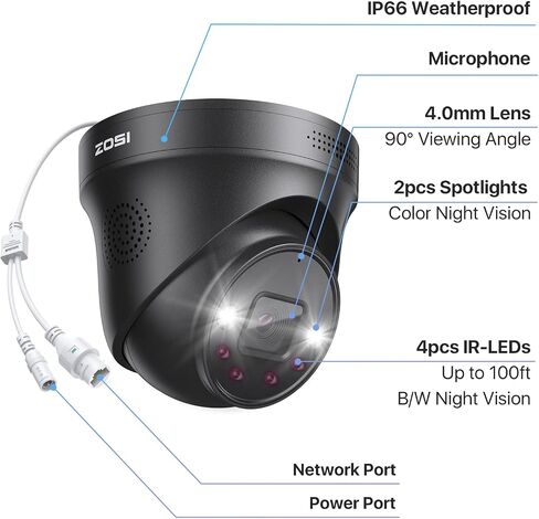 ZOSI 4K Security Camera System,6pcs 4K Outdoor Indoor PoE Cameras,8 Ports 16CH 8MP NVR with 2TB HDD,Person Vehicle Detection,2 Way Audio,Spotlight Siren, Color Night Vision,for Home 24/7 Recording in Saudi Arabia