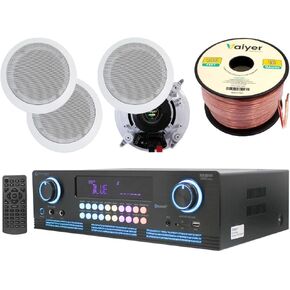 Home Theater System Kit 2000 Watts Bluetooth Amplifier with 4 Qty 5.25" 175 Watts in-Wall in-Ceiling Speakers & 16 Gauge 100 ft. Speaker Wire by Technical Pro