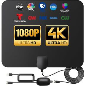 TV Antenna Indoor Long Range 900 Miles, Supports 4K 1080p Smart TV Outdoor 360° Signal Reception with Signal Booster -16Fft Coax HDTV Cable
