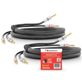 Nakamichi Excel Series 24k Gold Plated Banana Plug with (3 Feet) Speaker Cable Wire 99.9% Oxygen-Free Copper (OFC) Heavy Duty Braided in-Wall CL2 Rated - Black (12AWG / 3ft / 0.9m) 2-Pack