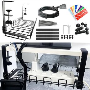 Under Desk Cable Management Tray, Come with 10Ft 1/2 Inch Cord Protector Wire Loom Tubing Cable Sleeve for Office & Home, 16" Cord Organize Tray No Drill No Screws No Damage to Desk - Black