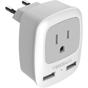 European Travel Plug Adapter, TESSAN Europe Power Plug with 2 USB Ports, Type C Outlet Adaptor Charger for US to Most of Europe EU Iceland Spain Italy France Germany