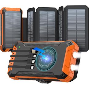 GOODaaa Solar Power Bank Wireless Charger 36800mAh Solar Charger with Five Solar Panels Built-in Four Cable Five Outputs Portable Power Bank for Cell Phone with Dual Flashlights, Carabiner