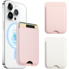 Magnetic Wallet Compatible with Apple Magsafe,2Pack Mag Safe Card Holder for iPhone 15/14/13/12 Pro/Max/Plus/Case,Vegan Leather RFID Phone Wallet Fits 4 Cards - White+Pink