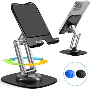 Phone Stand, Fully Adjustable Foldable Desktop Cell Phone Holder Stand, 360 Degree Rotating Phone Stand for Recording Compatible with iPhone 15 14 13 12 Pro Xs Max Xr, Black