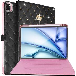 for iPad Air 11 Inch Case M2(2024),iPad Air 6th/5th/4th Gen Case (2024/2022/2020) with Pencil Holder,Girly Cute Crown Diamond Elegant Auto Sleep/Wake Stand Case for iPad Air 11/10.9",Hot Pink