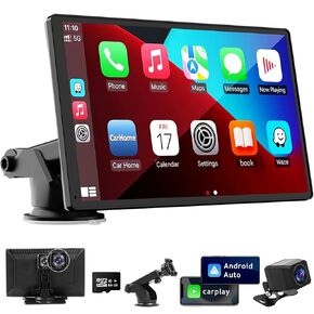 9 Inches Wireless Apple Carplay Touch Screen for car with 4K Dash Cam,Universal Wireless CarPlay Screen for Old Car,Portable Car Play & Android Auto Car Screen With1080p Backup Camera