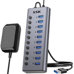 SSK 10 Port Powered USB 3.0 Hub, 60W Aluminium USB Charging Hub with DC 12V5A Power Adapter, Supports Simultaneous Fast Charge and 5Gbps Data Transmission,USB Extender Hub with 3.96ft/1.2m Long Cable