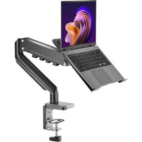 Laptop Desk Mount with Gas Spring Arm, 2 in 1 Laptop Monitor Stand for 12-17 inch Notebook and 13-32 inch Computer Screen, Holds 3.3-17.6lbs, with Adjustable Vented Tray, Clamp/Grommet Base