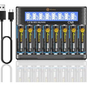 WISSBLUE Rechargeable AA Batteries with Charger, High Capacity Rechargeable AA Batteries 2800Mah, Fast Charger 8 Bay for 1.2v VNi-MH/Ni-CD Battery Charger Set