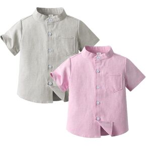 2 Pack Baby Boys Button Down Shirts Toddler Boy Short Sleeve Button Up Formal Dress Shirts Blouse Tops