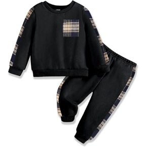 Baby Boy Clothes Pure Color Block Plaid Pocket Long Sleeve Top and Pant Sets