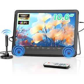 Desobry 10.6" Small TV, 1080P Portable TV with Detachable Antenna, Mini TV with IPS Display, Support HDMI, USB, RCA, Built in Digital Tuner, AV Inputs, TV Stand, Dual Speaker and Remote Control