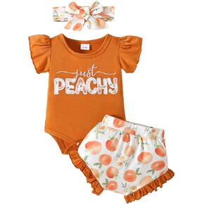 Newborn Infant Baby Girl Summer Clothes Ruffle Sleeve Just Peachy Romper+Peach Bloomer Short+Headband 3Pcs Outfit
