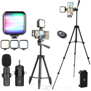 Vlogging Kit,YouTube Starter Kit,Vlogging Kit for iPhone,Youtuber Kit Beginner Content Creator Essentials Kit for Android,Vlogging Camera Kit with Tripod/Wireless Microphone/RGB Fill-in Light/Remote