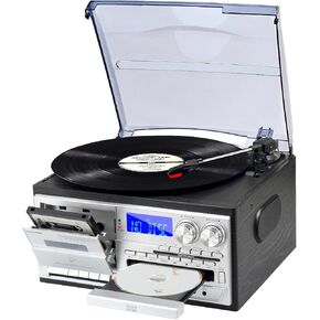 9 in 1 Record Player with External Speakers,3 Speed Bluetooth Turntable Vinyl Player with CD/Cassette Play,AM/FM Radio, USB SD/MMC Play, Aux-in/RCA Line Out