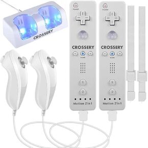Wii Remote and Nunchuck Controller Bundle with Charging Dock - 2 Pack Motion Plus Remotes, 2 Nunchucks, 1 Charging Station, Compatible with Nintendo Wii & Wii U - White