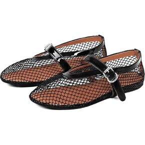 MUCCCUTE Mesh Ballet Flats for Women Mary Jane Flats Ballerina Round Toe Buckle Strap Fishnet Patent Leather Trimmed Comfy Shoes