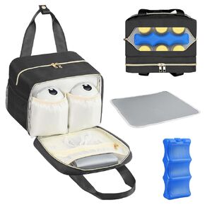 PIIOSER Breastmilk Cooler Bag with Ice Pack, Fits 6 Baby Bottles Up to 9 Ounce, Compatible with Wearable Breast Pumps & Accessories - Portable Pumps Carrying Case for Nursing & Working Moms, Black