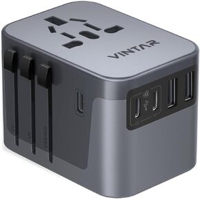 محول السفر العالمي، محول القابس الدولي VINTAR مع 6A 3 USB C و2 منافذ USB، محول طاقة أساسيات السفر، محول منفذ الكل في واحد عالمي لأوروبا والمملكة المتحدة والولايات المتحدة الأمريكية AUS (النوع C/G/A/I)
