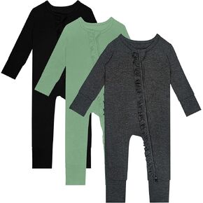 3 PACK Baby Rompers Long Sleeve Two Way Zipper Footless Pajamas With Mitten Cuffs