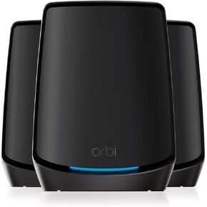 نظام الشبكة NETGEAR Orbi Tri-Band WiFi 6 Mesh (RBK863S) - جهاز التوجيه + 2 موسعات الأقمار الصناعية، ميزات الأمان، ما يصل إلى 6 جيجابت في الثانية، ما يصل إلى 8000 قدم مربع، 100 جهاز، منفذ إنترنت 10 جيجا، اشتراك Armor in Kuwait