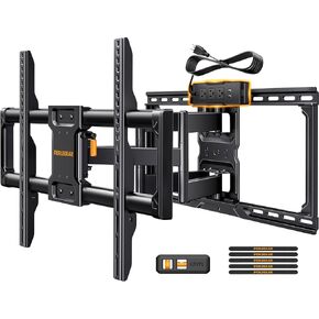 Perlegear Full Motion TV Wall Mount with Power Strip for 42–90 Inch TVs up to 150 lbs, Pre-Assembled TV Mount Has Smooth Swivel, Tilt, Extension, Max VESA 600x400mm, 12“/16"/24" Wood Studs, PGLF11