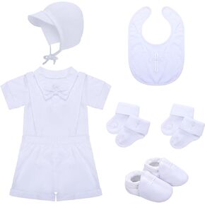 مجموعة ملابس تعميد للأطفال من 6 قطع تتضمن ربطة عنق وحمالات وسروال قصير أبيض مطرز بقبعة مريلة وأحذية وجوارب للأطفال الرضع والأطفال الصغار وحفلات التعميد in Kuwait