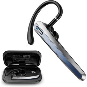 Bluetooth Headset with Microphone, Wireless Earpiece with Charging Case for Cellphones, PC, Single Ear Headset with Mute for Trucker Driver, Remote Work, Skype, Zoom, Teams, Call Center